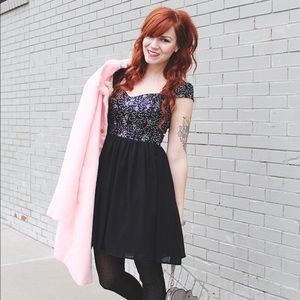 Black Chiffon and Sequins Cap Sleeve Dress